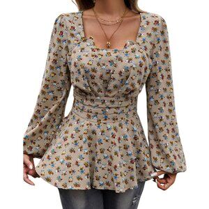 Khaki Square Neck Puff Sleeve Floral Peplum Top Size S M L XL Flower Bouquets